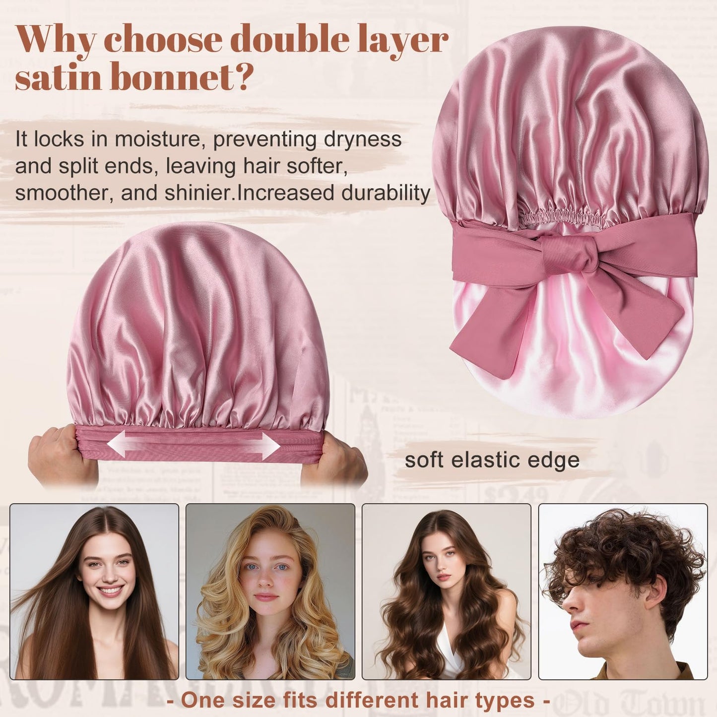 Satin Bonnet for Sleeping Cap Double Layer Hair Bonnet with Elastic Tie Band for Curly Hair Night Cap (Bean Paste + Pink)