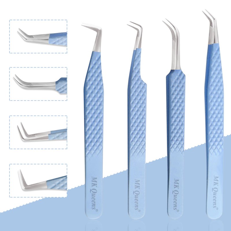 Fiber Tip Lash Tweezers For Eyelash Extension Tweezers Professional Eyelash Extension Tweezer - Set of 4 Pcs Diamond Grip Stainless Steel Fiber Tweezer (4, Sky Blue)