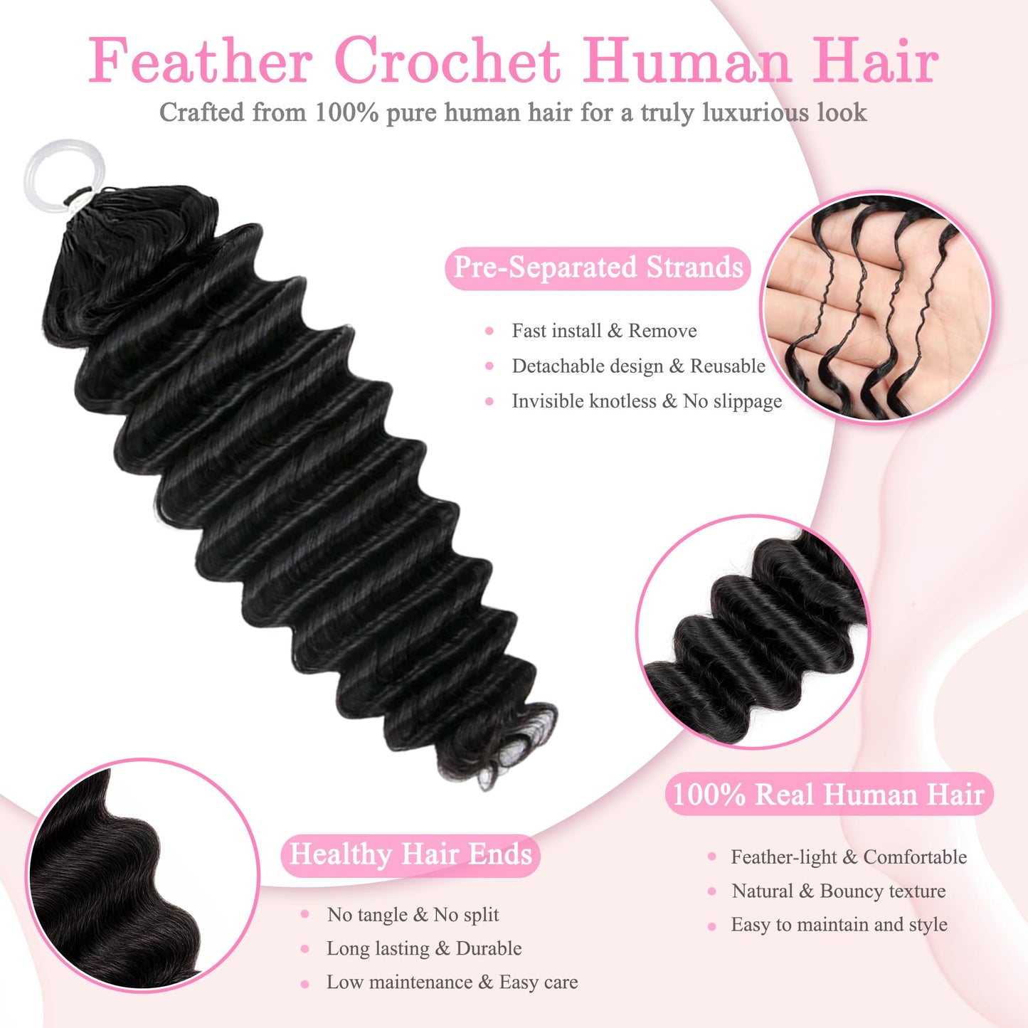 LADEMI Human Crochet Hair, Miracle Feather Crochet Hair Knotless Deep Wave