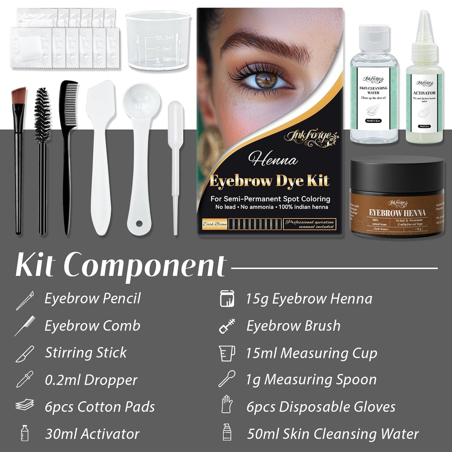 Henna Eyebrow Color Kit - Professional Smudge-Proof & Water-Resistant Tint | Instant Natural Look for All (Dark Brown)