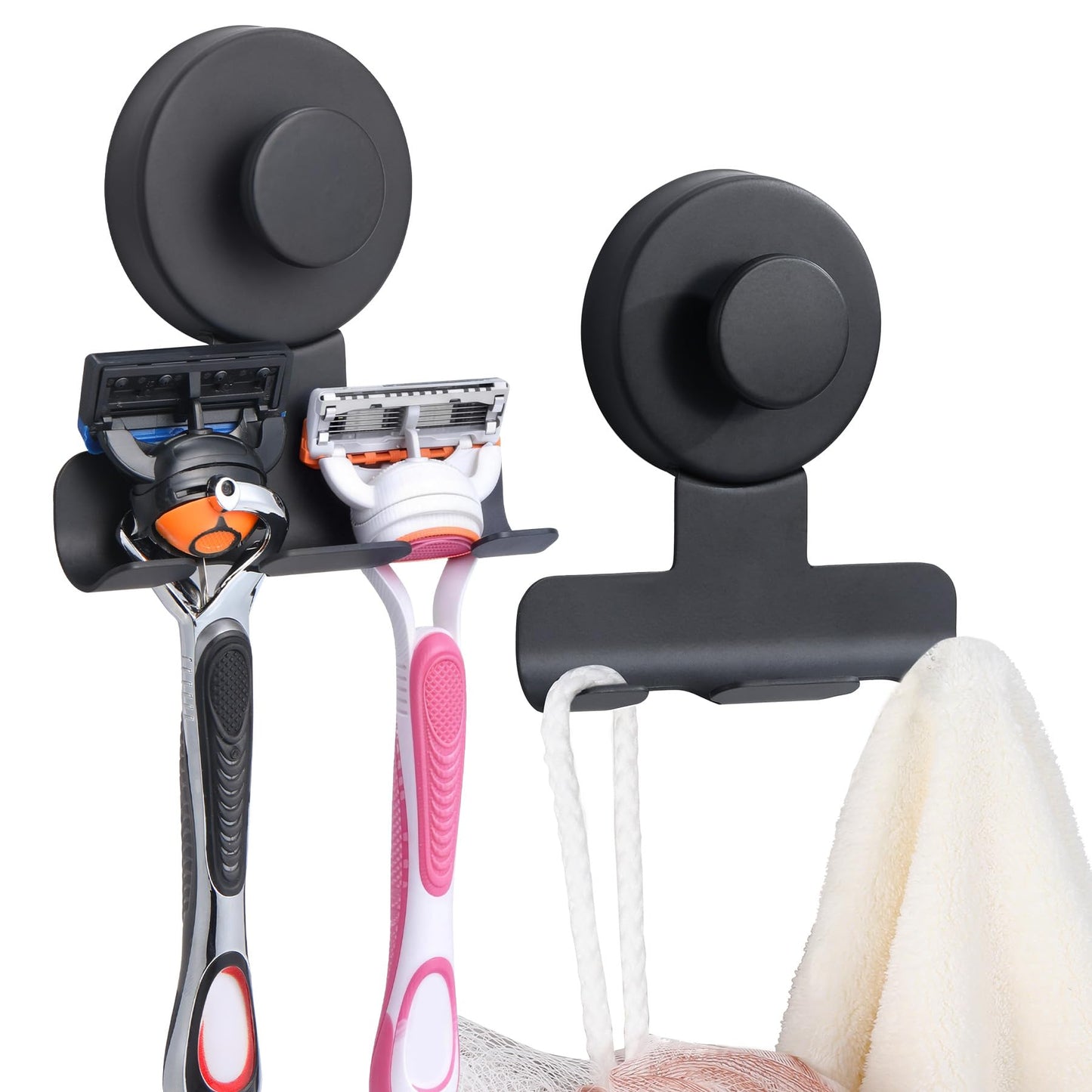 Supopular Suction Cup Razor and Shaver Holder for Shower, Heavy-Duty Stainless Steel No-Drill Bathroom Wall Hook for Towel, Loofah, Damage-Free and Reusable, Easy Install and Remove (2, Matte Black)