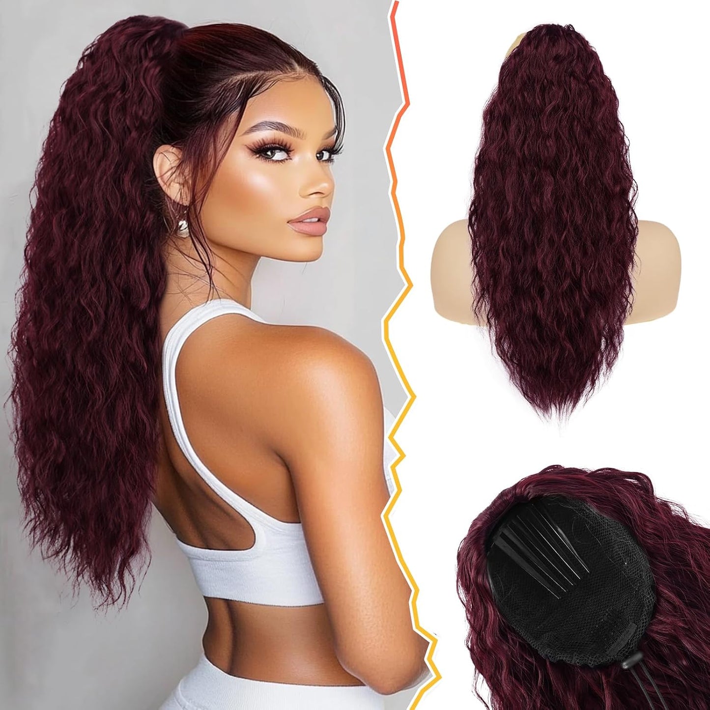 22 Inch Black Curly Wavy Drawstring Ponytail Extension - Synthetic Clip-In Hairpiece for Voluminous Bohemian Style