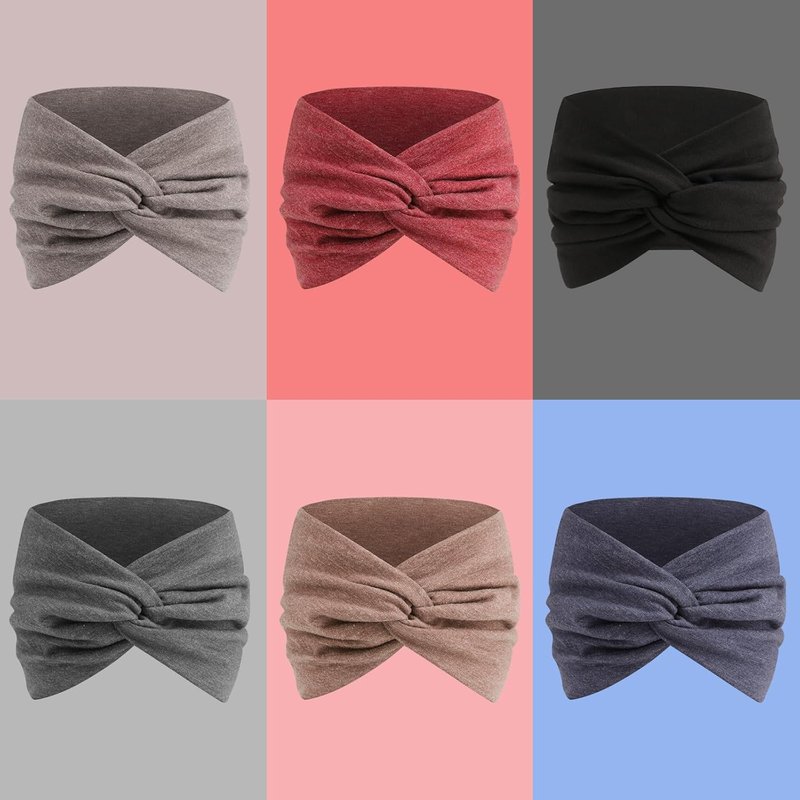 Extra Wide Headbands for Women - 7'' Cotton Turban Knotted Bandanas | Non-Slip Boho Hair Accessories - 6 Pack