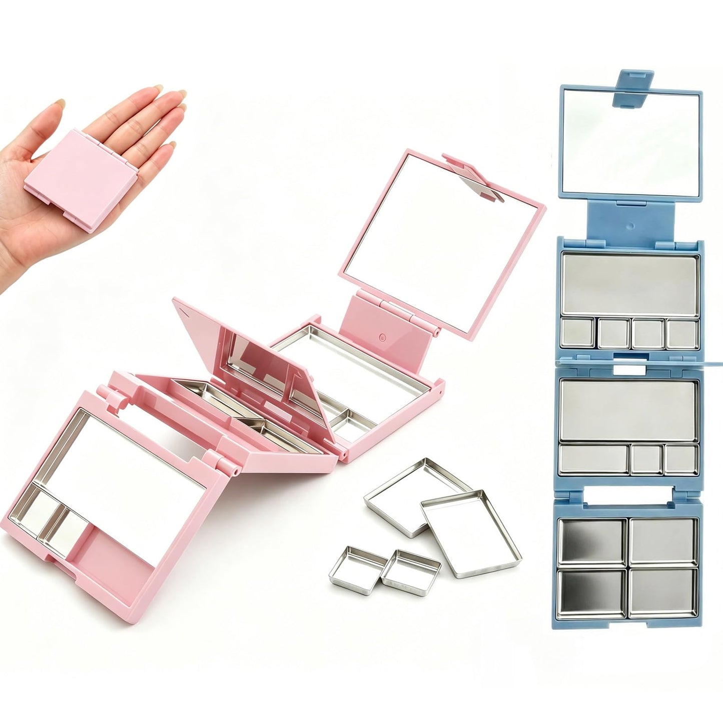 Empty Magnetic Makeup Palette 2 Pack, 3-Layer Foldable Palette with Dividers & 13 Metal Pans Each, DIY Lipstick Palette Empty & Eyeshadow Pans, 20% Larger, Blue & Pink