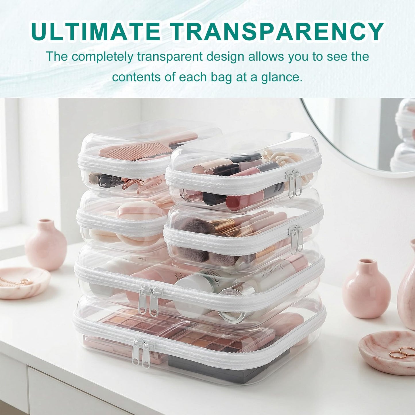 Kinimore 6 Pack Clear Hard Shell Zipper Case, Clear Zipper Pouches for Organizing, Diaper Bag Organizer Pouches, Plastic Cosmetic & Travel Toiletry Pouch Set (2M+4S)