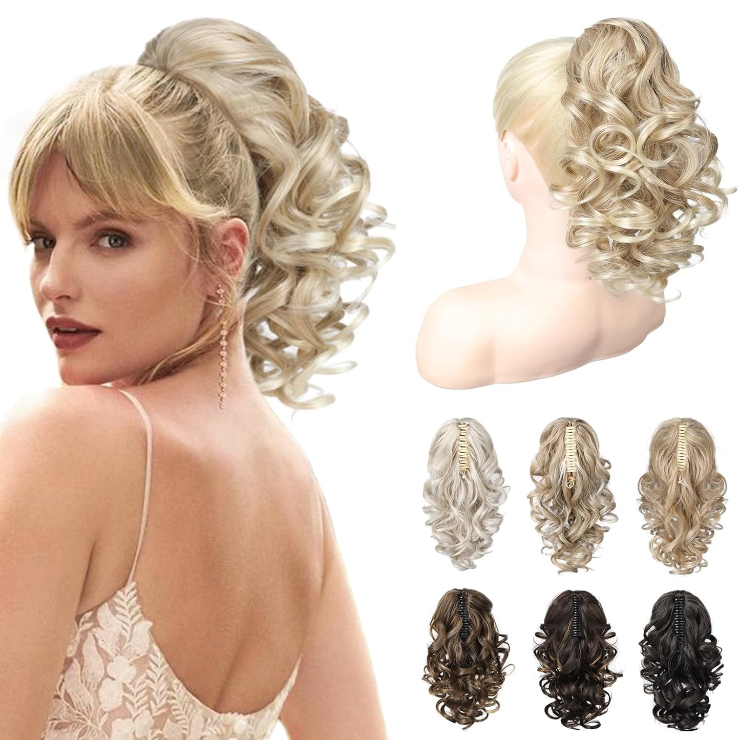 12-Inch Ponytail Extension - Classic Loose Curly Wavy Claw Clip Hairpiece for Women | Medium Blonde