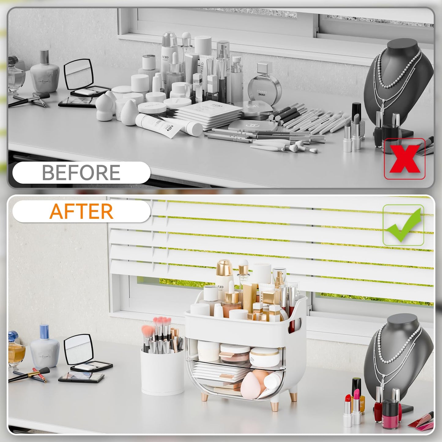 Yieach White Make up Organizers for Counter,Vanity and Dresser,Bathroom Makeup Organizer Countertop,Large Makeup Storage Organizer for Hair Tool,Beauty Products,Skin Care and Cosmetic Display Cases