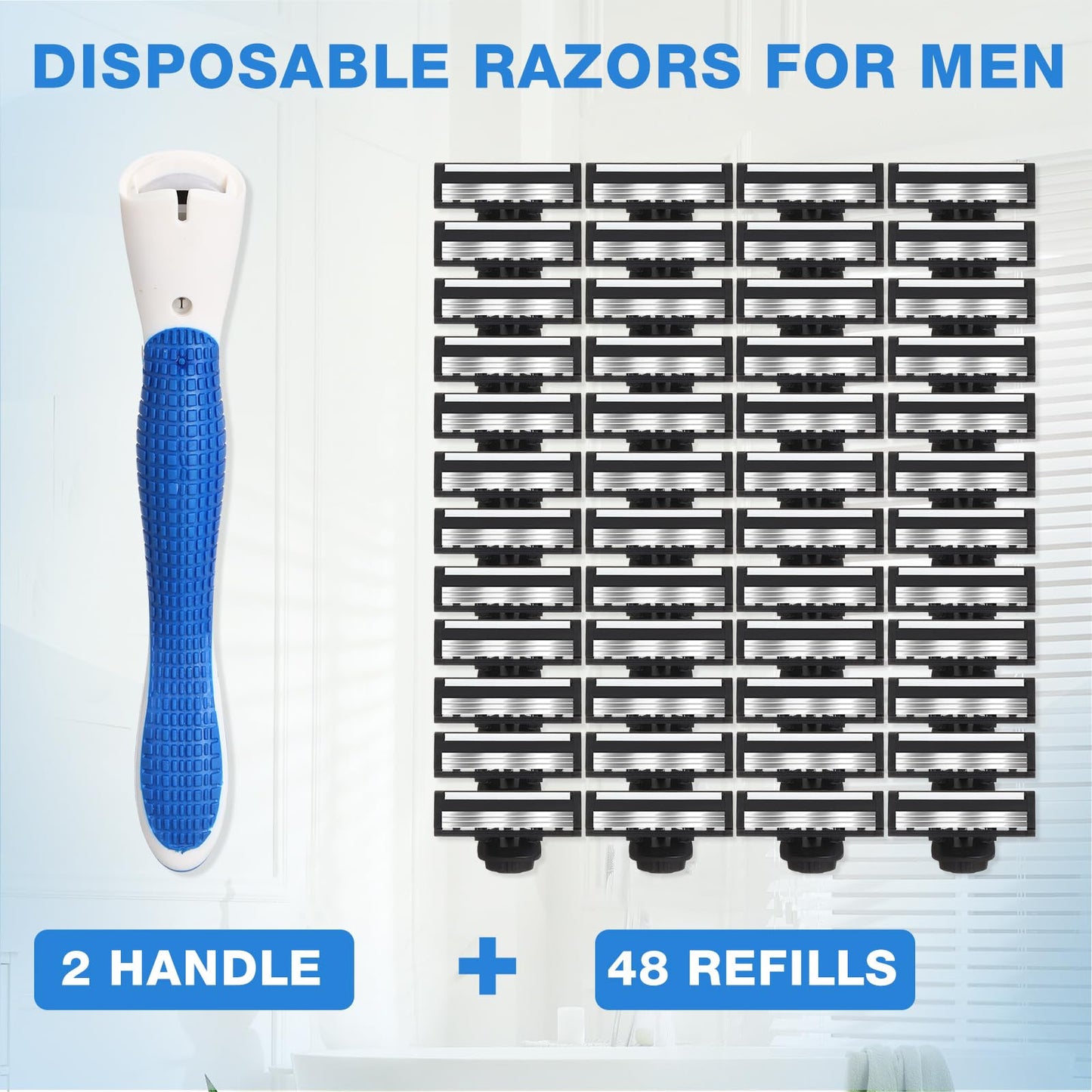 Lanties 50 Pcs Refillable Three Blade Disposable Razors for Men Sensitive Skin Razor Travel Shave Set Shaving Gift Set, 2 Handle & 48 Cartridges