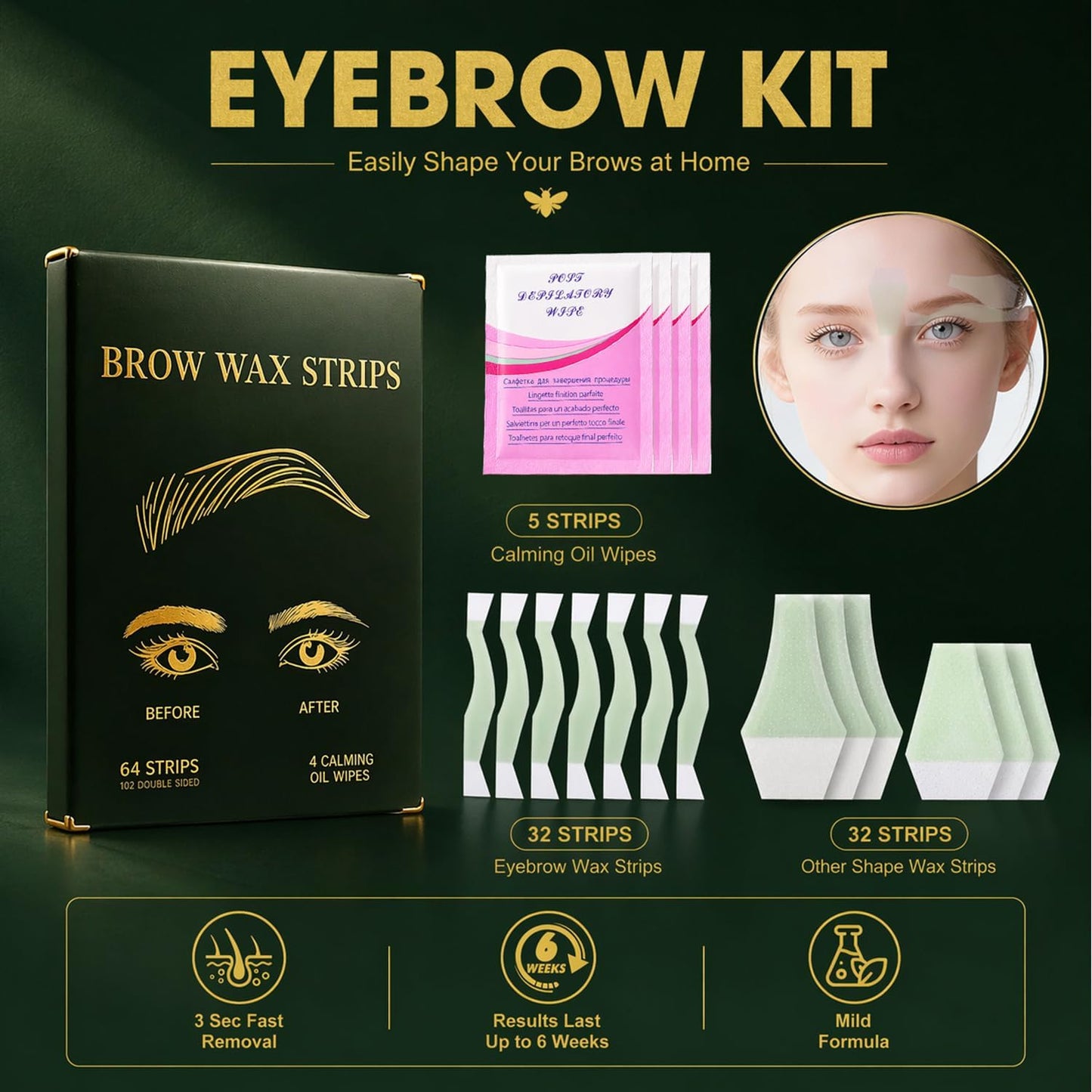 64Pcs Eyebrow Wax Strips - Precision Hair Removal Kit for Sensitive Skin | Easy At-Home Use, Lasts 6 Weeks