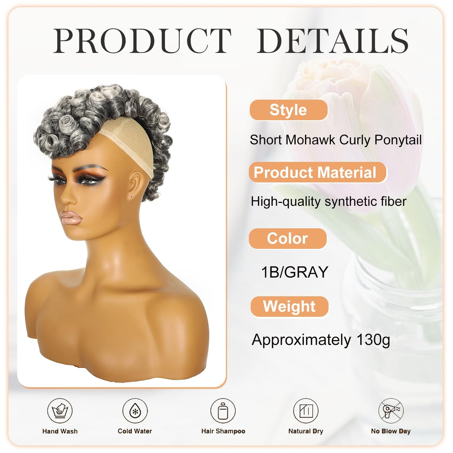 Curly Gray Mohawk Wig - Short Synthetic Ponytail with Bangs | Fluffy Kinky Curly Hair Extension 1B/Grey