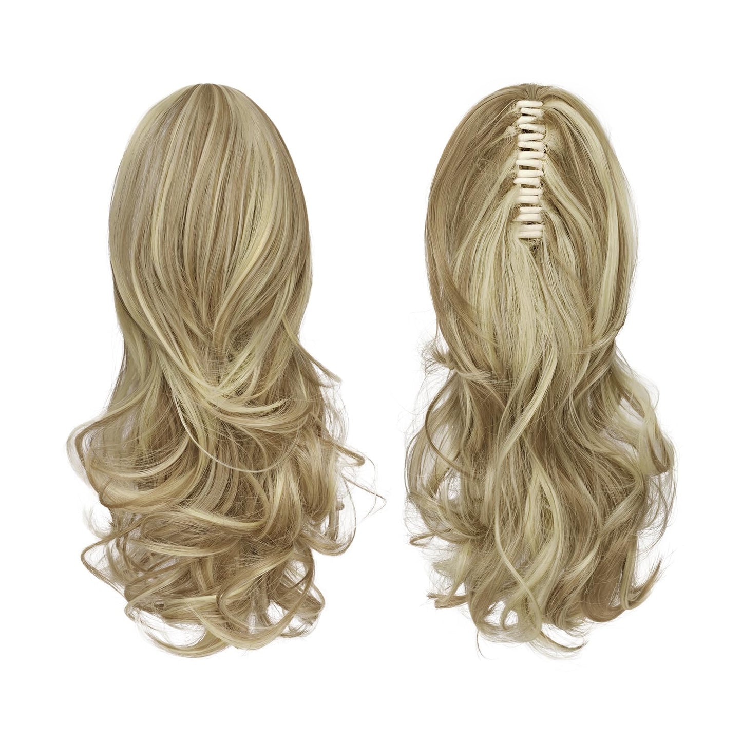 Sofeiyan 13" Ponytail Extension Long Curly Ponytail Clip in Claw Hair Extension Natural Looking Synthetic Hairpiece for Women, Light Ash Brown & Bleach Blonde