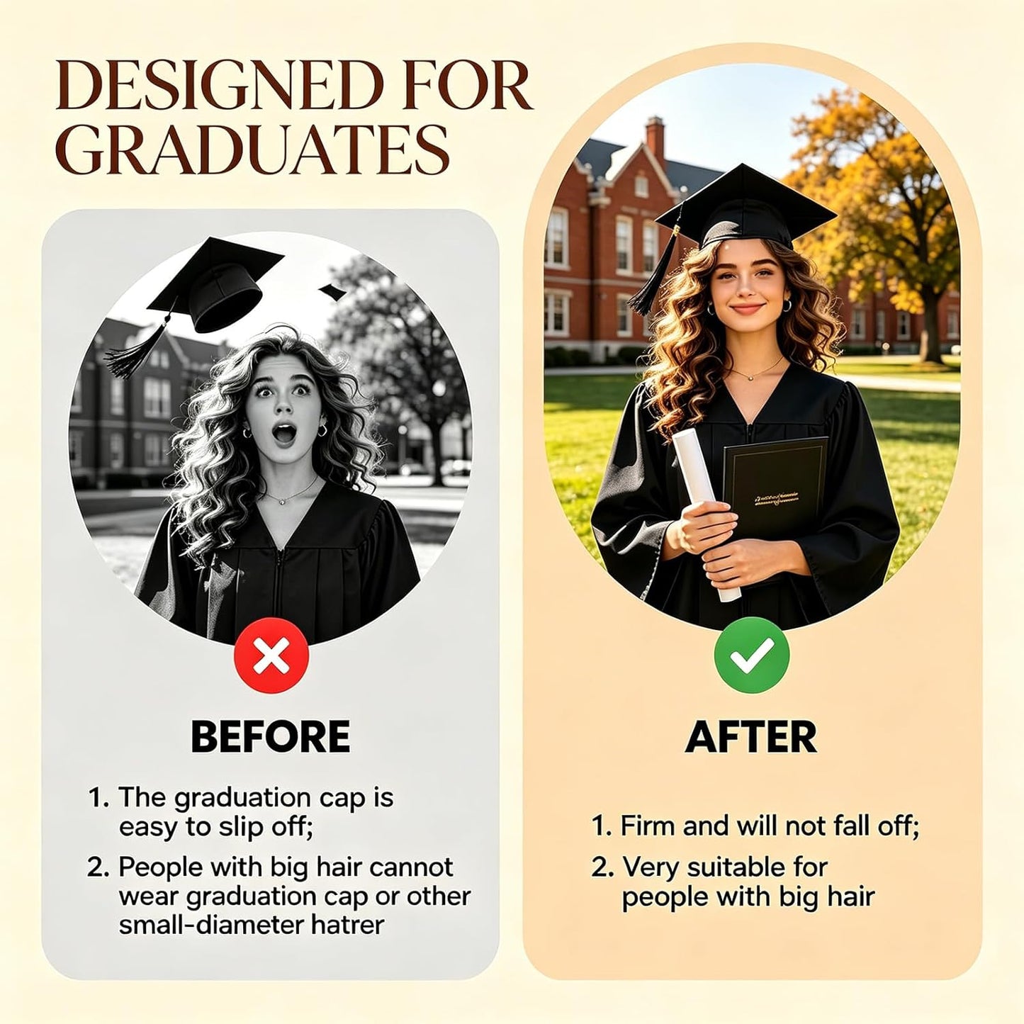 Graduation Cap Headband Insert - Firm Anti-Fall Hair Bands for Secure Grad Hat | Perfect for Students & Women