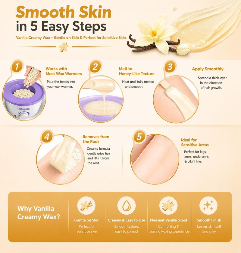 Vanilla Cream Hard Wax Beads 3lb, Gentle Creamy Brazilian Stripless Wax for Sensitive Skin, Low Temp Hair Removal Wax for Face, Bikini, Underarms & Full Body, Resealable Bag with 5 Sticks