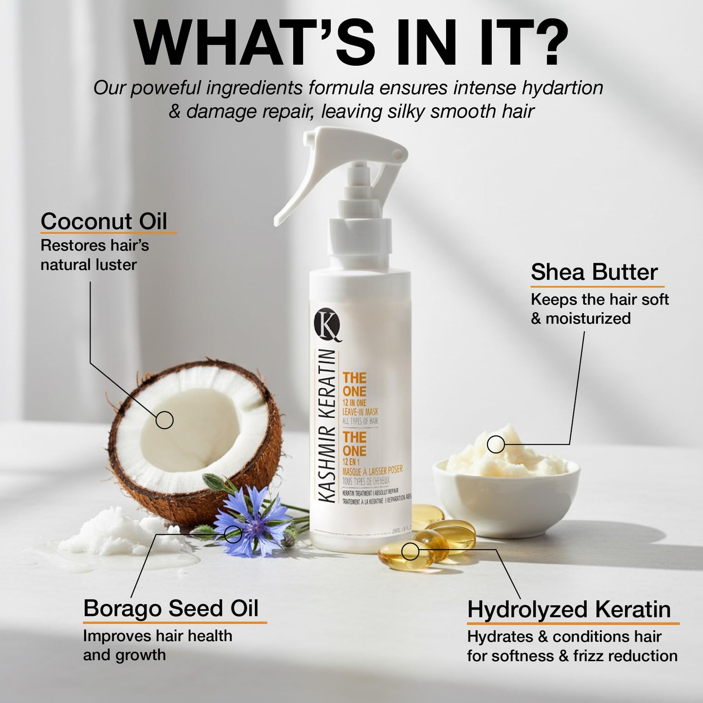 Kashmir Keratin THE ONE Leave In Conditioner 12-in-1 Hair Treatment Spray (8 Fl Oz) detangles, Smooths Frizz, Adds Shine & Hydration for Dry Damaged Hair, Lightweight Keratin Care for All Hair Types