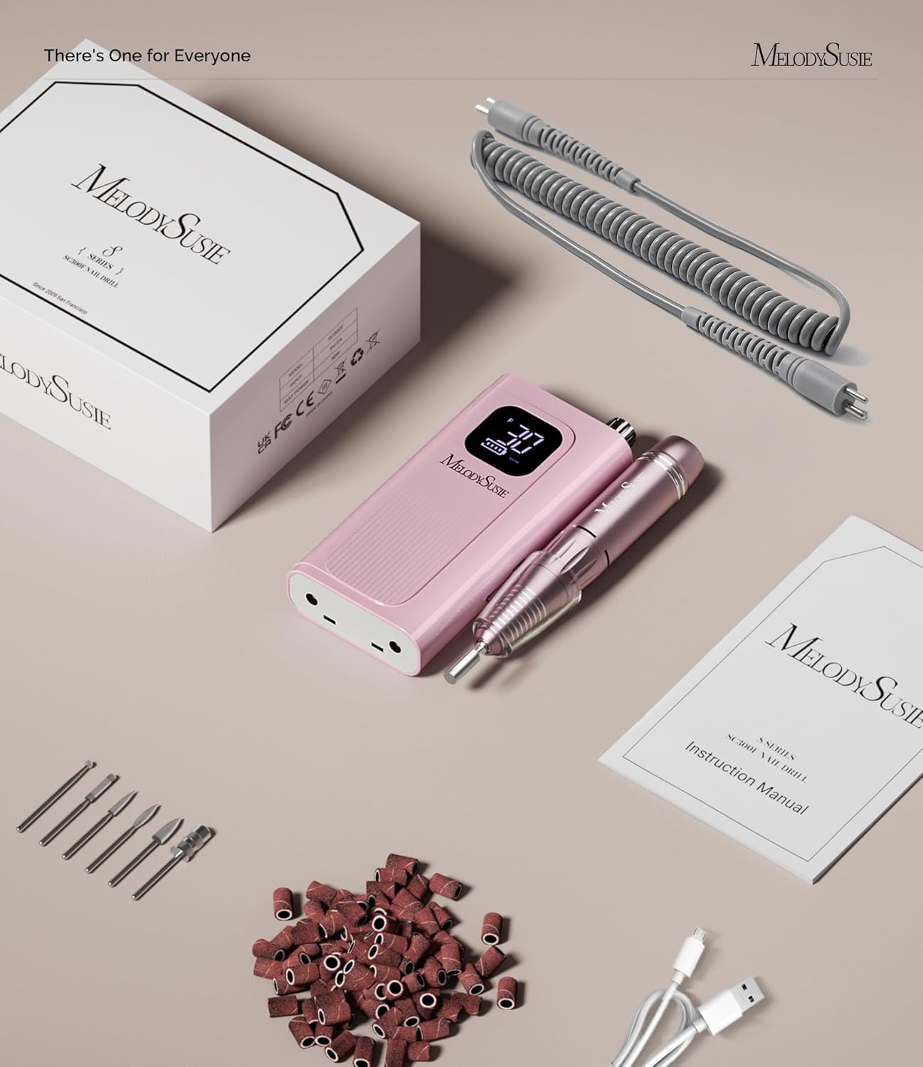 MelodySusie Nail Drill - 30000RPM Rechargeable E-File with LCD Display | Ideal for Manicure, Gel Removal & Nail Art Practice, Pink