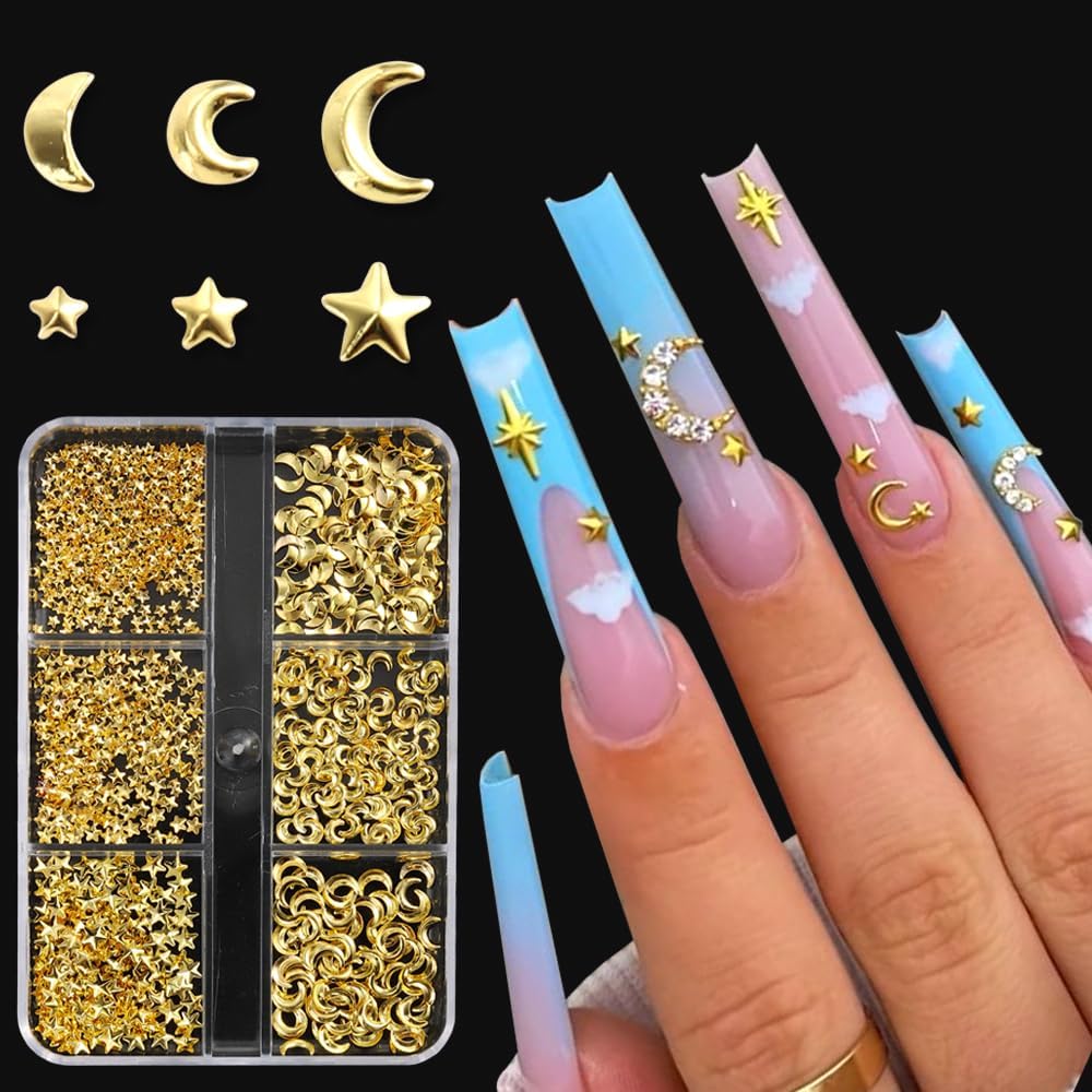 3D Star Nail Art Charms - Gold Metallic Studs & Rhinestones | Mixed Styles for DIY Manicure Supplies