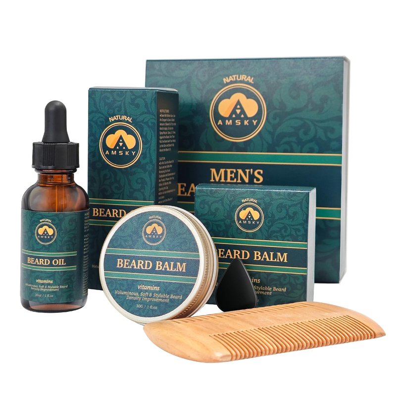 AMSKY Men's Beard Kit with Biotin-Infused Beard Oil and Balm, Complete Men's Care & Grooming Set, Great Value & Thoughtful Gifts for Him, Husband, Boyfriend, Dad