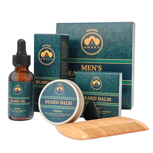 AMSKY Men's Beard Kit with Biotin-Infused Beard Oil and Balm, Complete Men's Care & Grooming Set, Great Value & Thoughtful Gifts for Him, Husband, Boyfriend, Dad