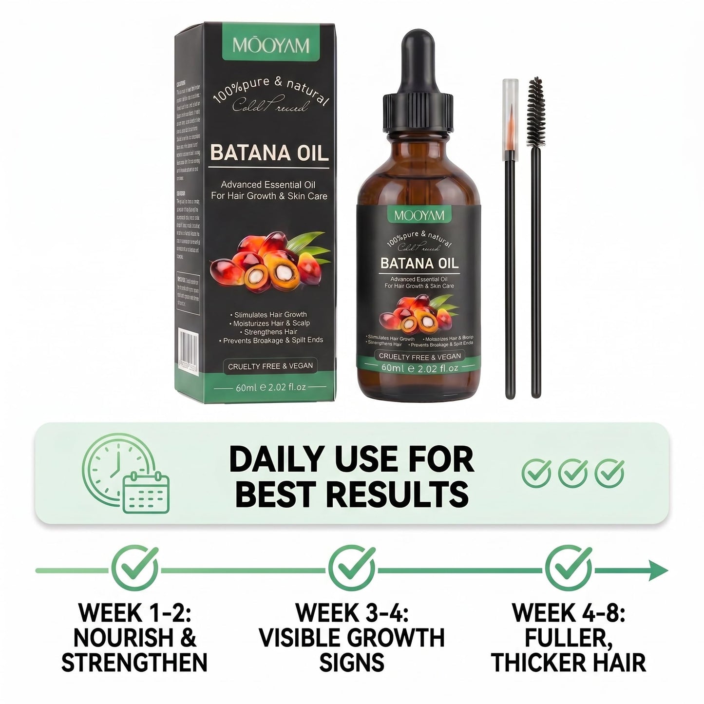Batana Oil for Hair Growth – 100% Pure & Natural Cold Pressed Honduran Batana Oil, Stimulates Hair Growth, Strengthens Hair, Repairs Split Ends & Damaged Hair, All Hair Types, 2.02 fl oz (60ml)