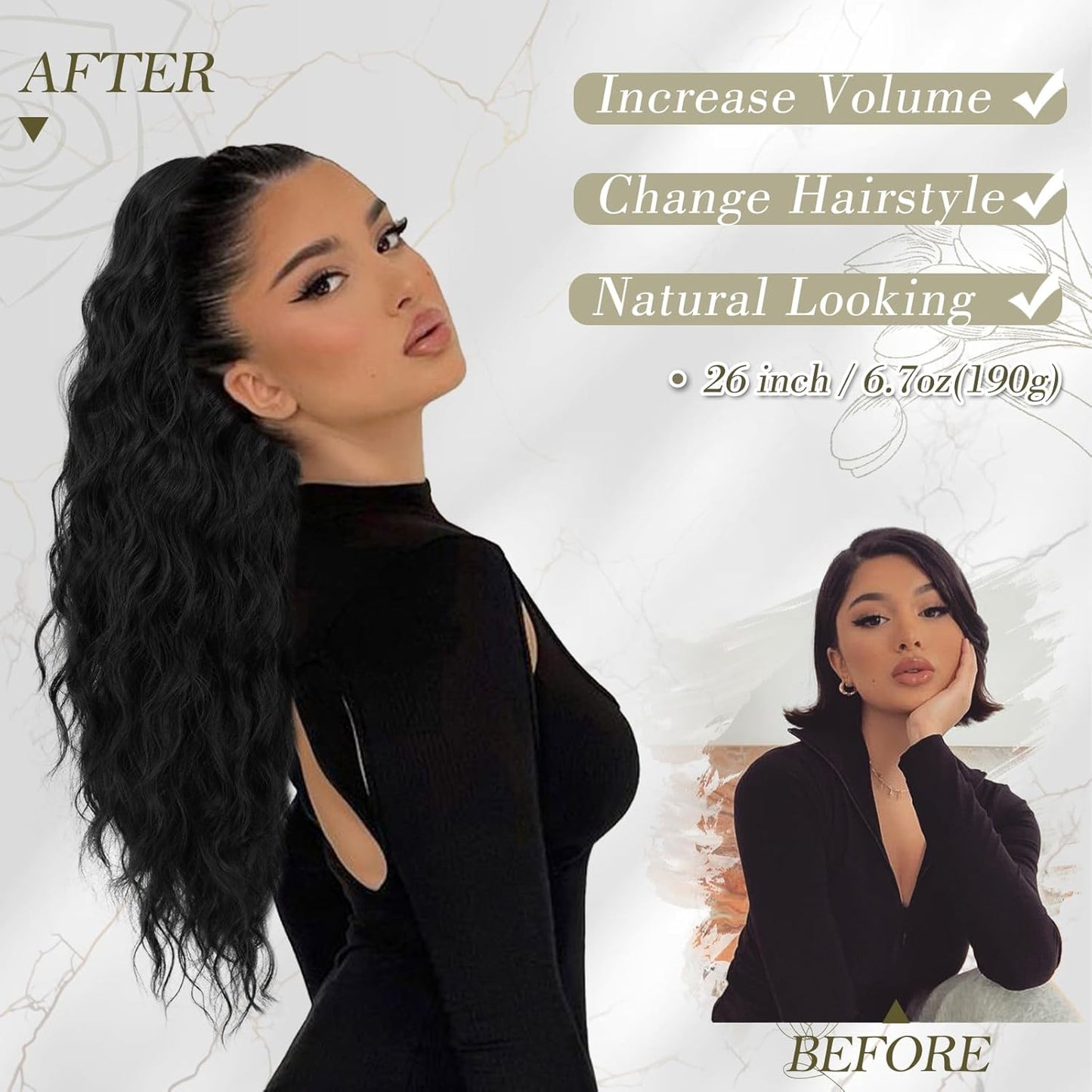 Black Ponytail Extensions - 26-Inch Long Wavy Drawstring Ponytails for Women | Synthetic Clip-In Hairpieces