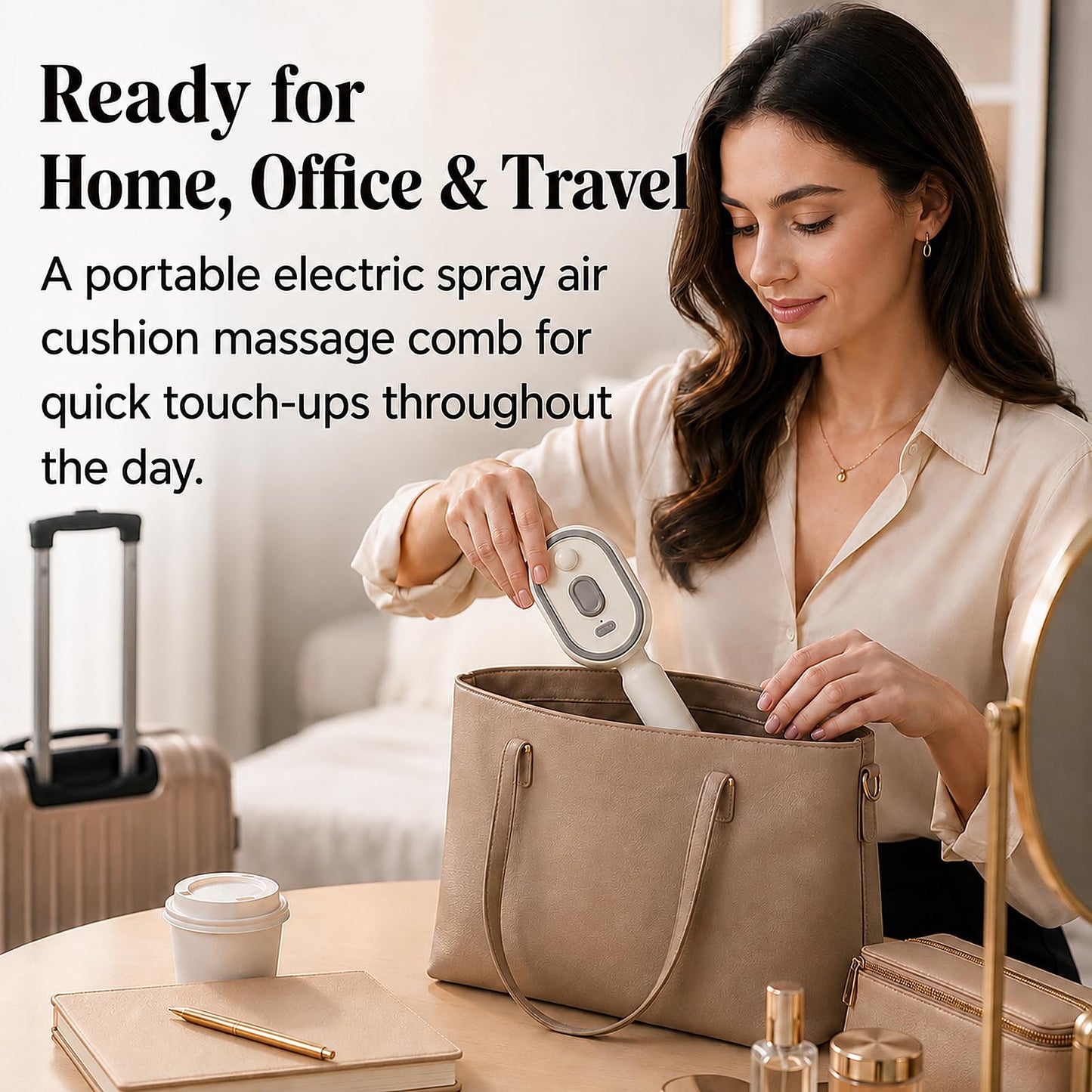 Electric Spray Air Cushion Massage Comb, Rechargeable Mist Hair Brush with Self-Cleaning Design, Detangling Brush for Frizzy Hair, Flyaways & Scalp Comfort(Beige)
