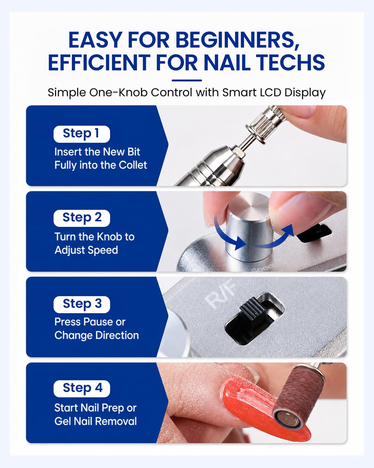 Makartt Nail Drill Professional, 35,000RPM Electric Nail File for Acrylic & Gel Removal, 60W Coreless Motor, 2-in-1 Desktop & Portable, LCD Display, Rechargeable, Quiet, F&R, Nouvella Black