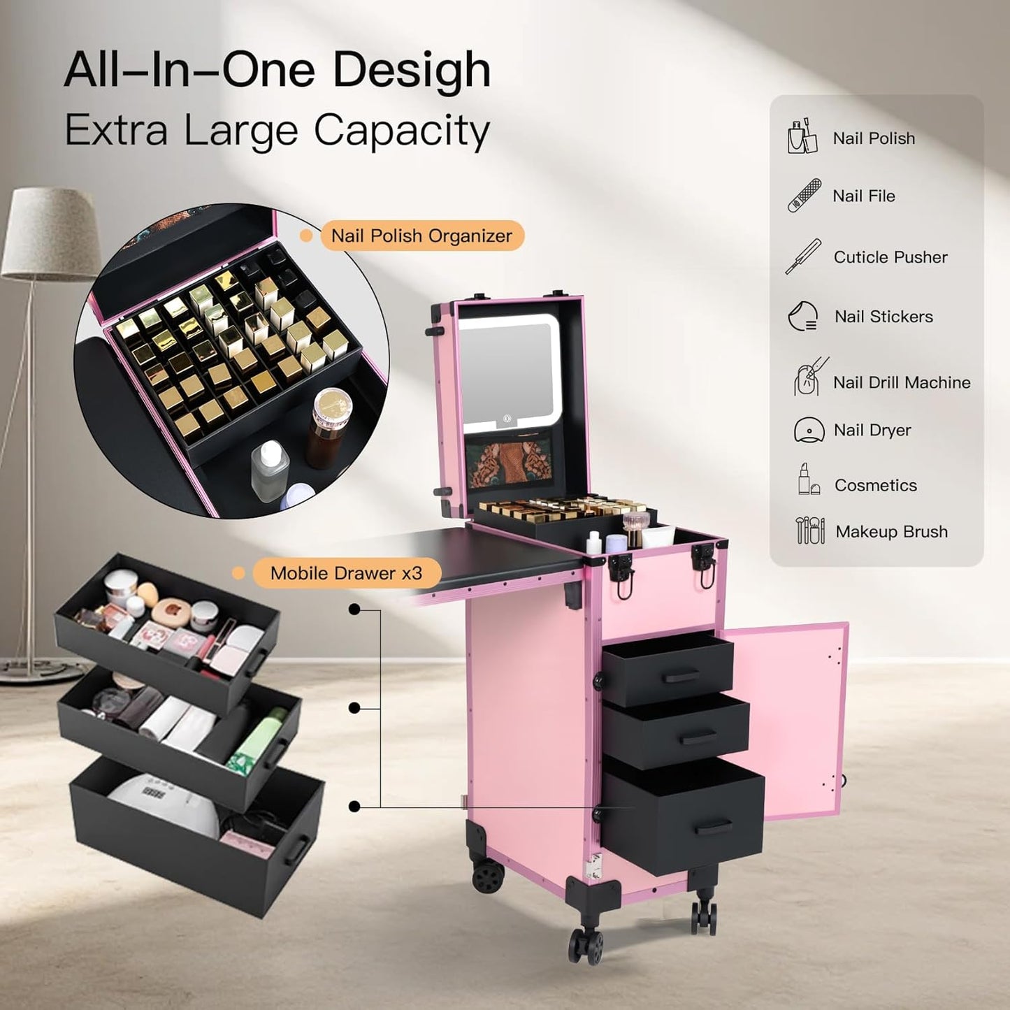 Portable Manicure Table - Rolling Nail Desk with 3 Drawers & Lockable Makeup Case | Pink with Detachable Mirror