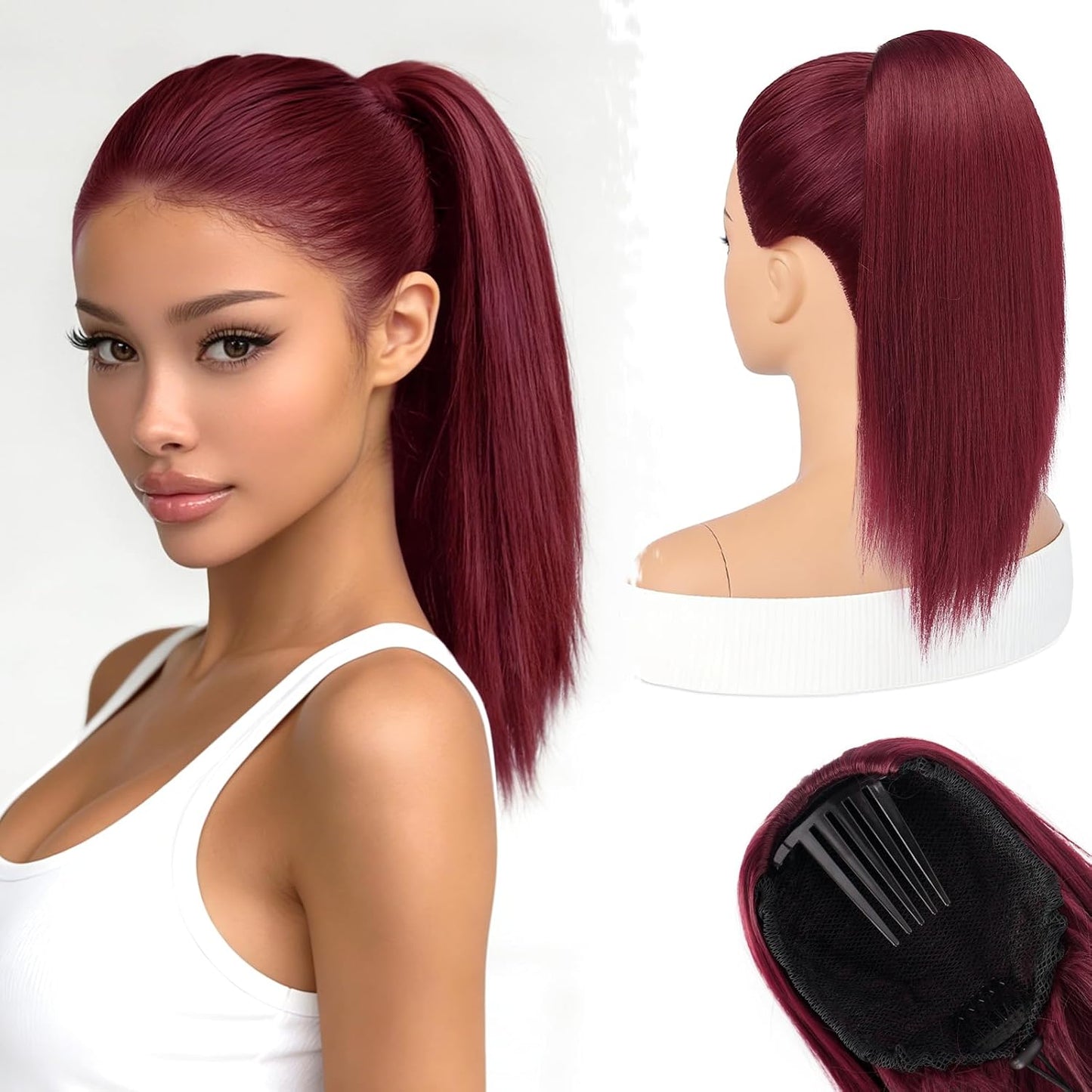 Auburn Straight Drawstring Ponytail Extension - 22 Inch Soft Synthetic Hairpiece for Natural Look | Thick Copper Ponytail