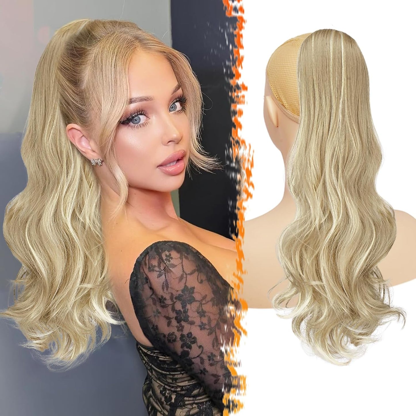 Black Wavy Drawstring Ponytail Extensions - 20 Inch Curly Clip-In Hairpiece for Women, Natural Look