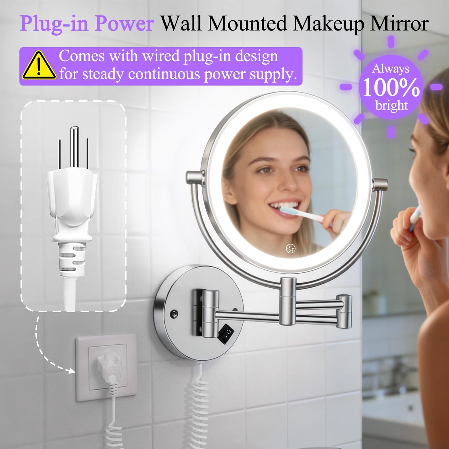 Wall Mounted Makeup Mirror with Lights, 30X/1X Double-Sided Magnifying, Plug-in Lighted Vanity Mirror with 3 Color Modes, Dimmable Brightness, 360° Swivel Extendable Arm for Bathroom & Grooming