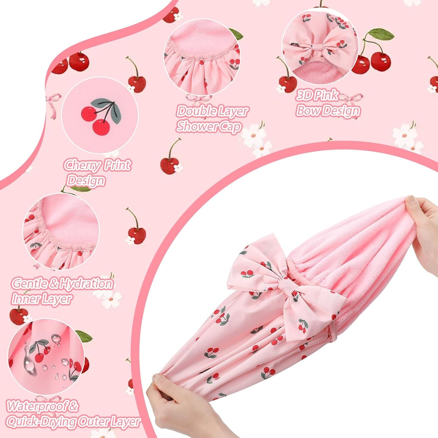 Cherry Shower Cap for Women - Terry Lined, Waterproof & Adjustable | Reusable Double Layer Bath Bonnet for Braids & Curly Hair