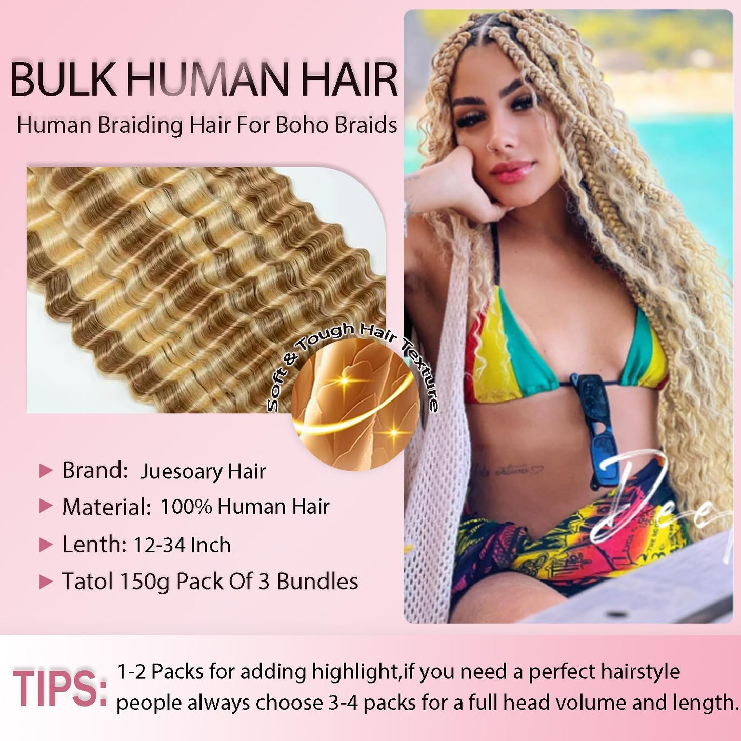 P27/613 Highlight Human Braiding Hair for Boho Braids 150g 3 Bundles 34 34 34 Inch Honey Blonde Deep Wave Bulk Hair P27613 Curly Human Hair Extensions for Braids Wet and Wavy Braid