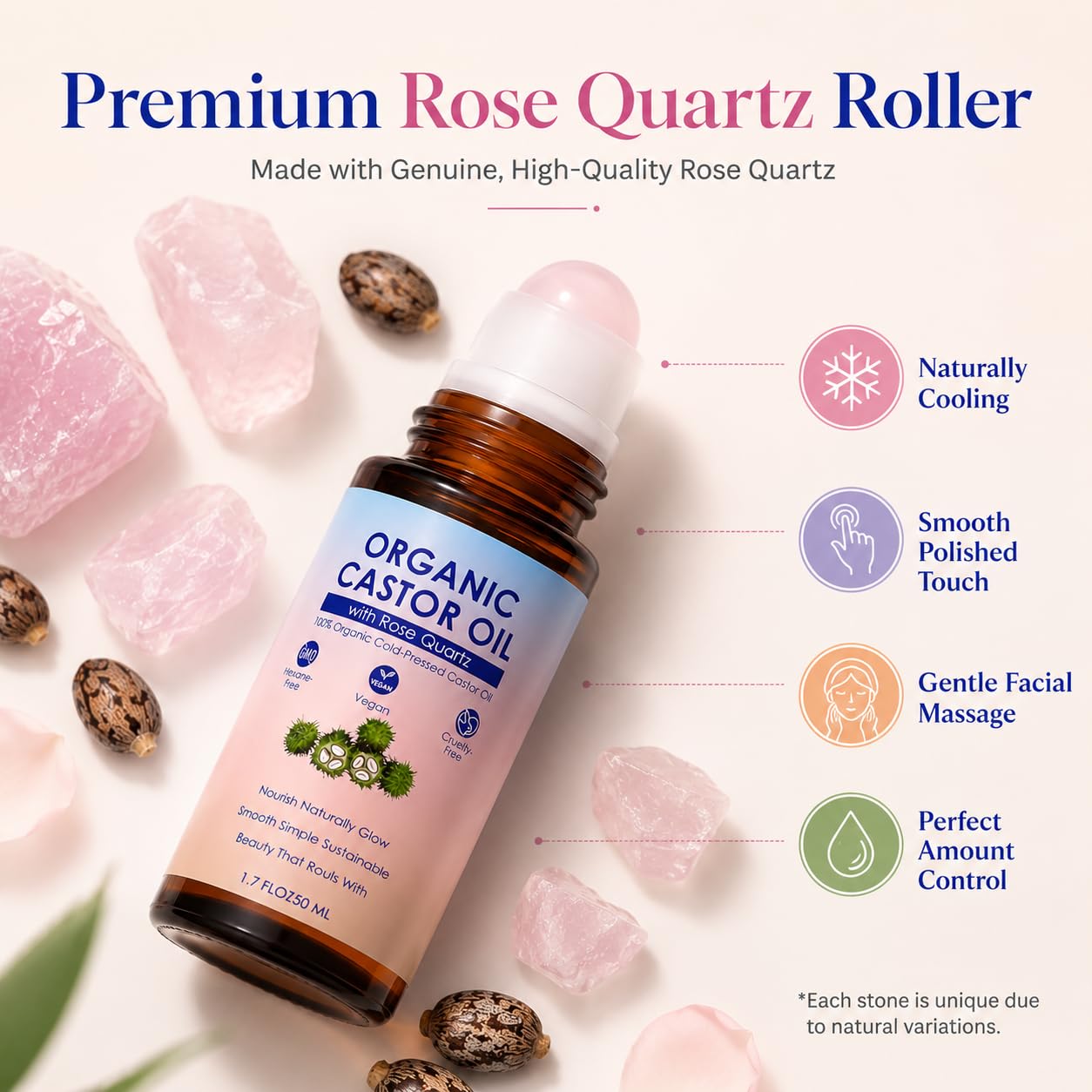 Organic Castor Oil Roll-On with Rose Quartz Roller | 100% Pure Cold-Pressed, Hexane-Free, 1.7oz