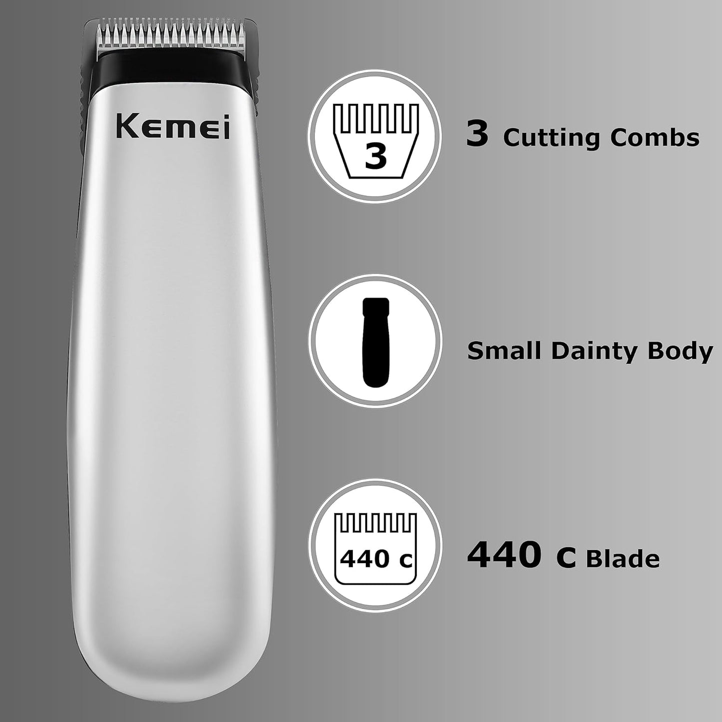 KEMEI Mini Hair Trimmer - Portable Cordless Clipper for Men & Women | Precision Shaving Tool, Silver