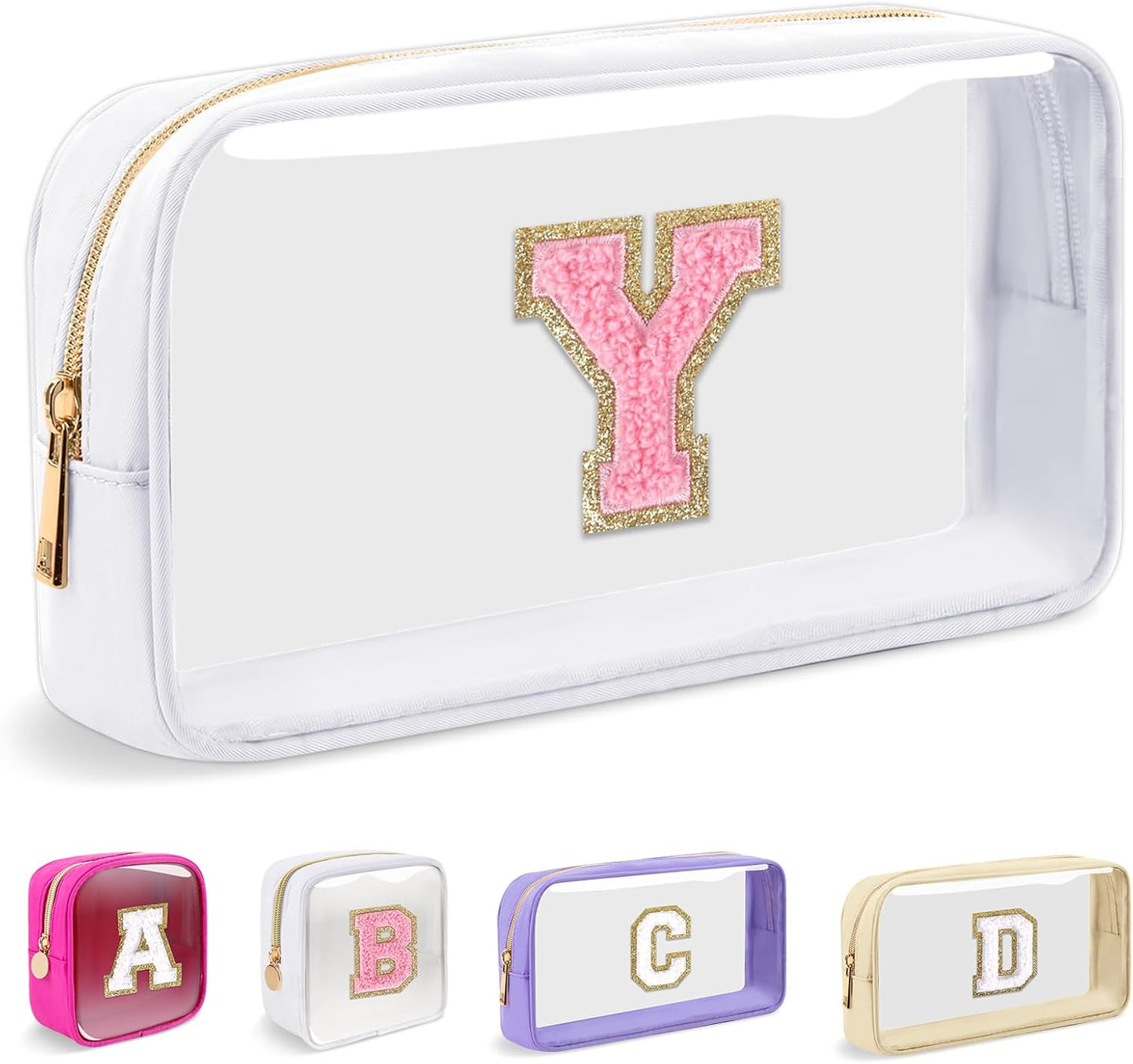 Personalized Initial Makeup Bag - Waterproof Nylon Cosmetic Pouch | A-Z Chenille Letter Patch, White-Pink G