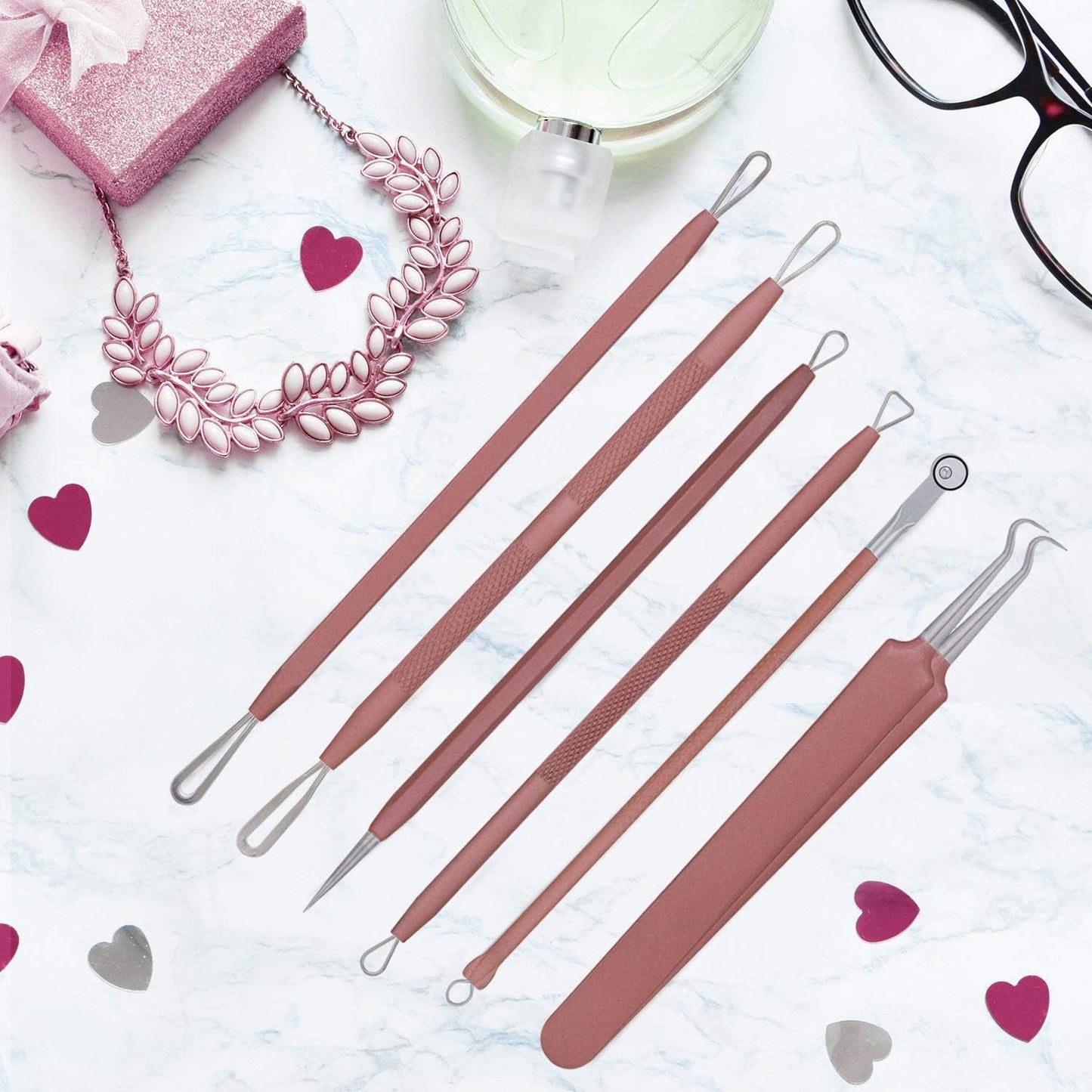Blackhead Remover Tool Kit - 6 Pcs Comedones Extractor for Acne & Whitehead Removal | Includes Leather Bag (Pink)