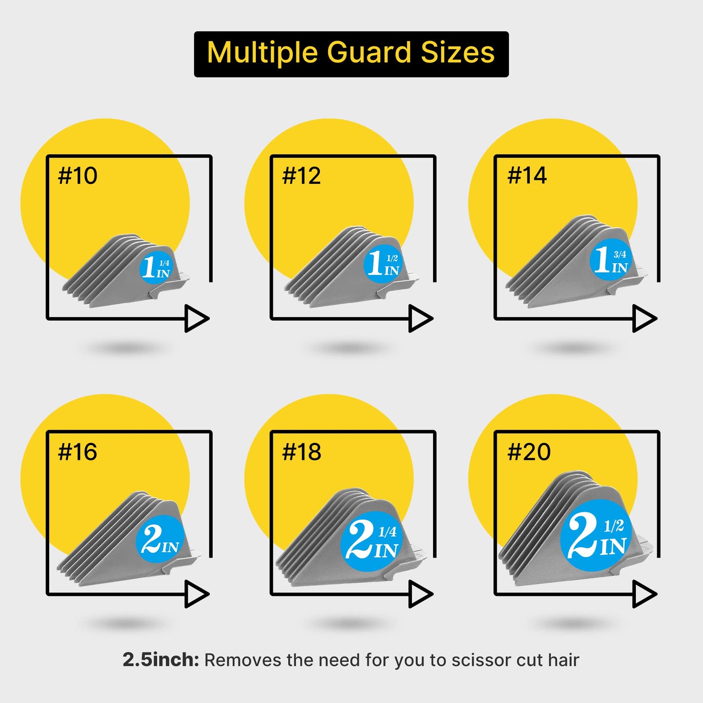Clipper Guards for Wahl 10 12 14 16 18 20 Hair Clipper Guards 6pcs Extra Long Clipper Guard Attachments 2.5 Inch Clipper Guides Multiple Sizes Universal 2.5", 2.25", 2", 1.75", 1.5", 1.25" (Gray)