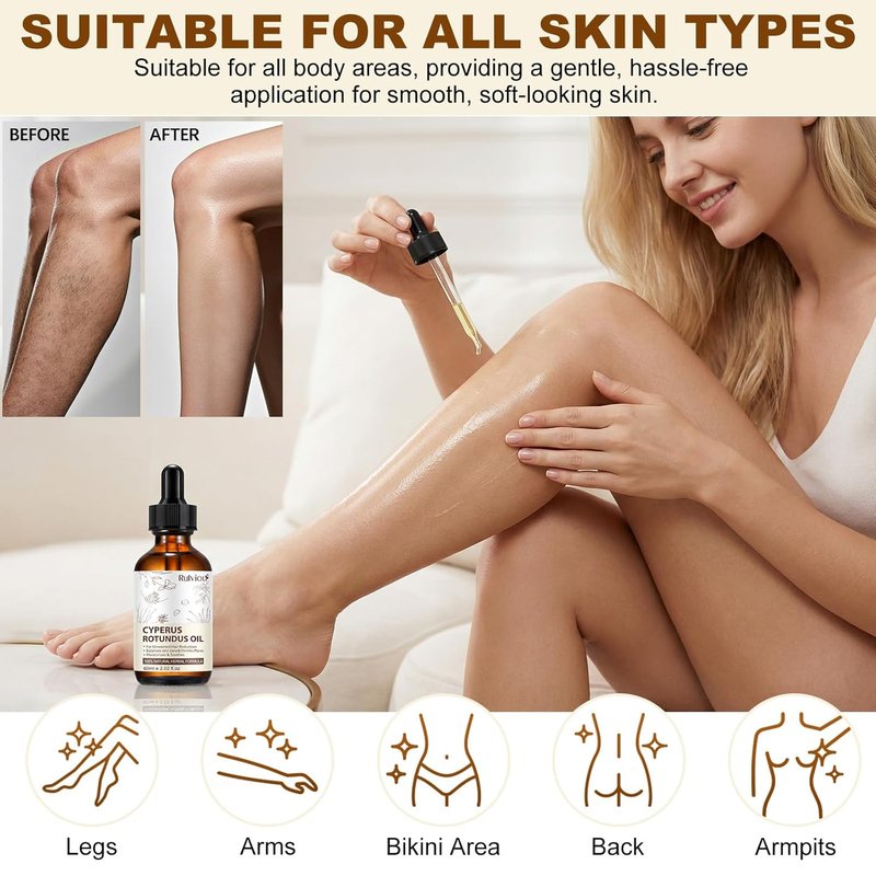 Natural Cyperus Rotundus Oil for Hair Removal - Gentle Body Hair Growth Reducer | 2 Pack, 4 fl. oz Bottles, All Skin Types