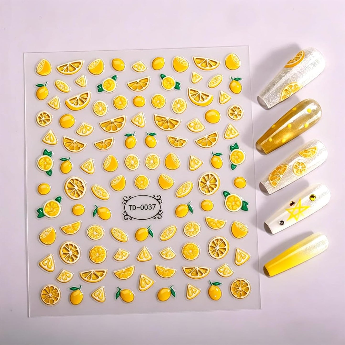 Lemon Nail Stickers - 5D Embossed Summer Fruit Slice Nail Art Decals | Cute Yellow Design for DIY Manicure