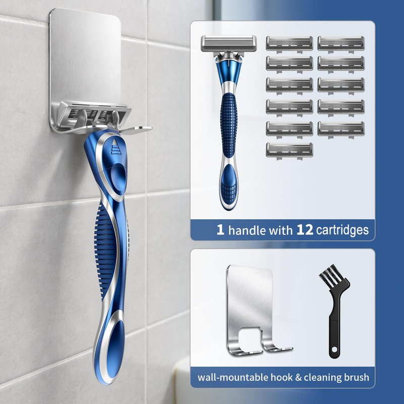 FYNEDGE 6-Blade Manual Razor for Men, 1 Ergonomic Non-Slip Handle Includes 12pack Razor Blade Refill Cartridges with Lubricating Strip, Hanging Hook & Cleaning Brush, Full Washable Design