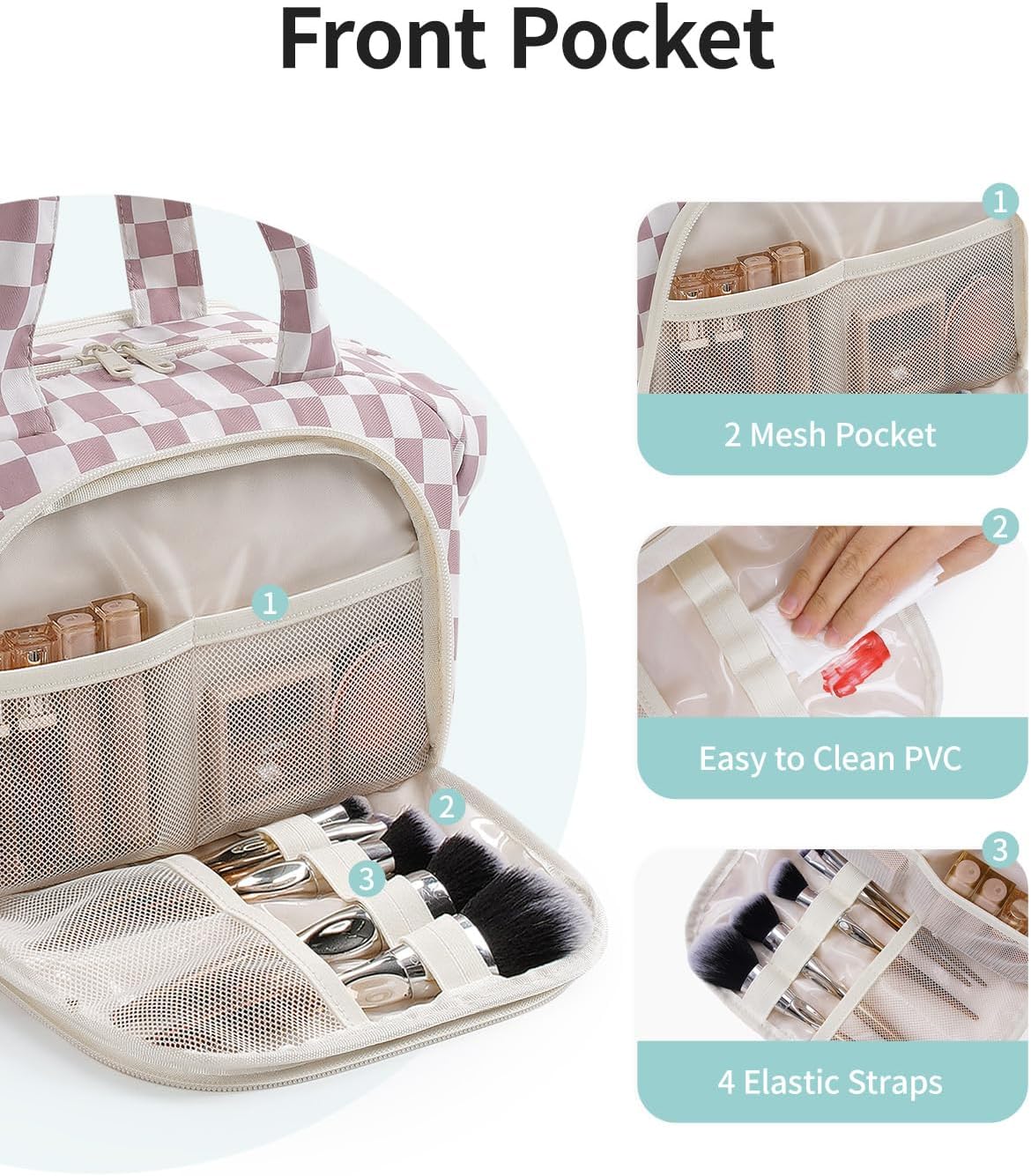 Travel Toiletry Bag for Women - Large Makeup Organizer with Handle | Wide Open Design, Wet Pocket - Dusty Pink Checker