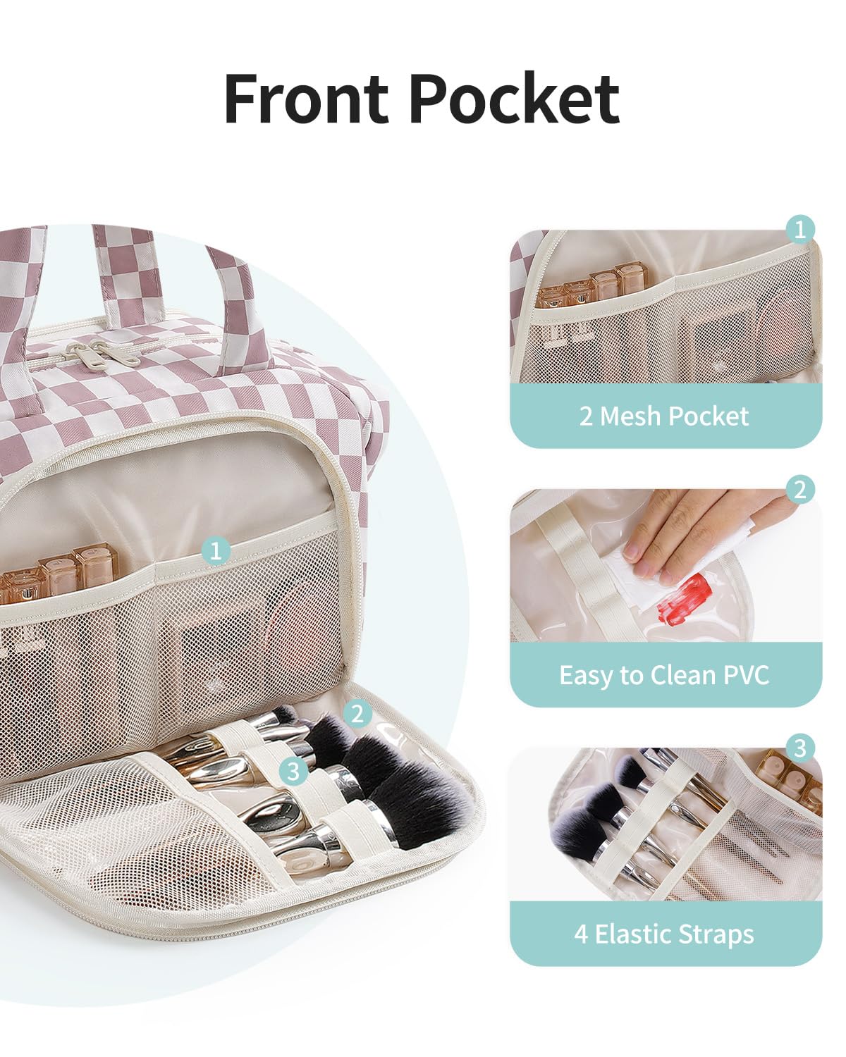 Narwey Travel Toiletry Bag for Women, Large Makeup Bag, Wide Open Cosmetic Make Up Organizer with Handle, Wet Pocket for Towel, Travel Bag for Toiletries, Brushes, Essentials (Dusty Pink Checker)