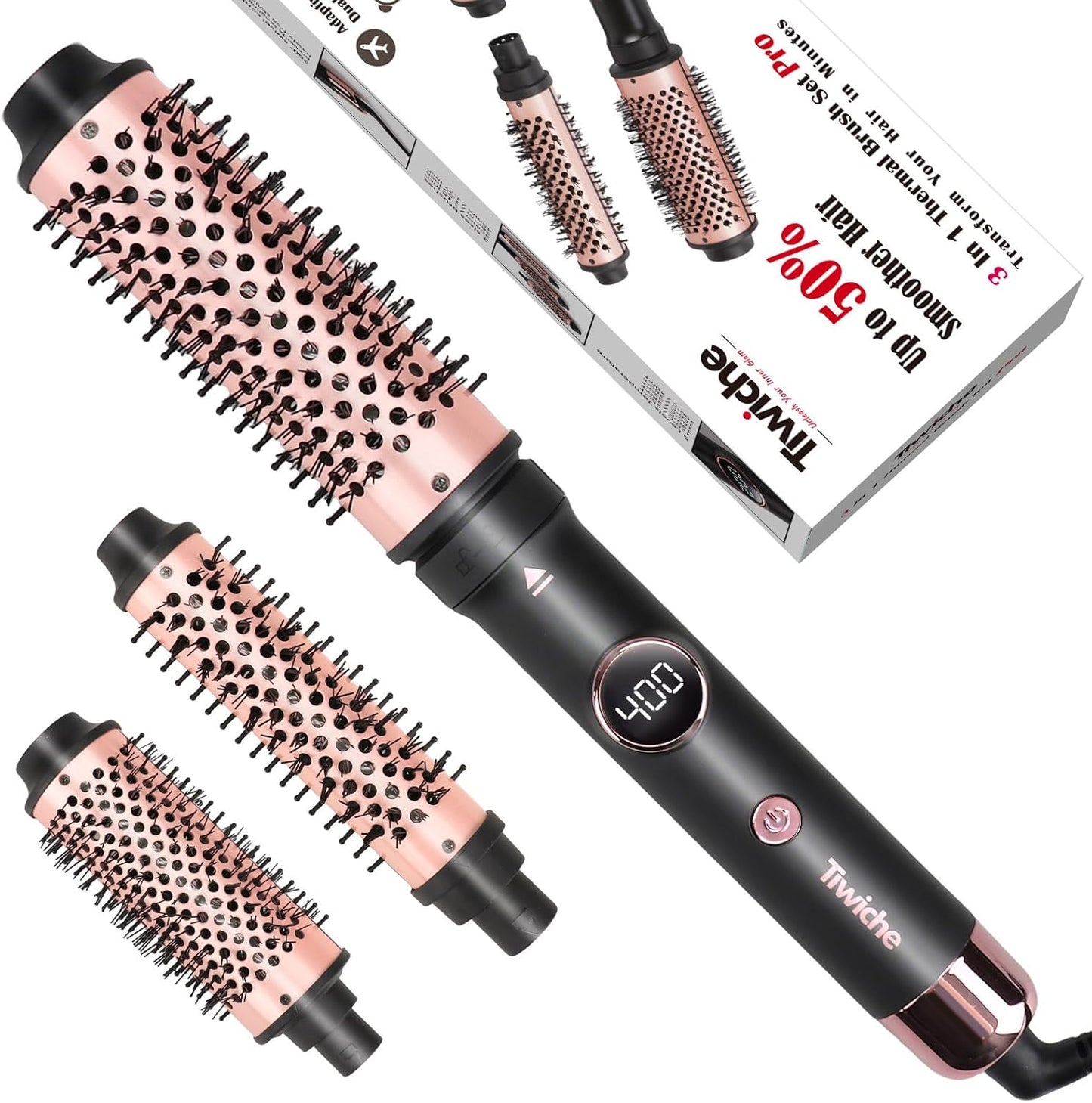 3-in-1 Heated Round Thermal Brush Set - Adjustable Temp, Fast Heating Titanium Ceramic | Detachable Barrels (1.18/1.5/1.77 Inches)