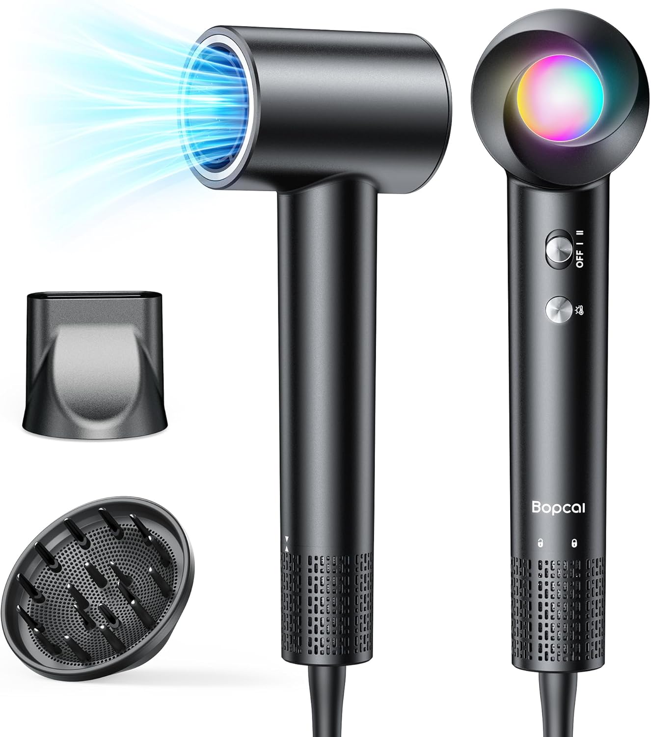 High-Speed Ionic Hair Dryer - 160,000 RPM Professional Blow Dryer with Diffuser | Low Noise, Compact Design for All Hair Types - Drack Black