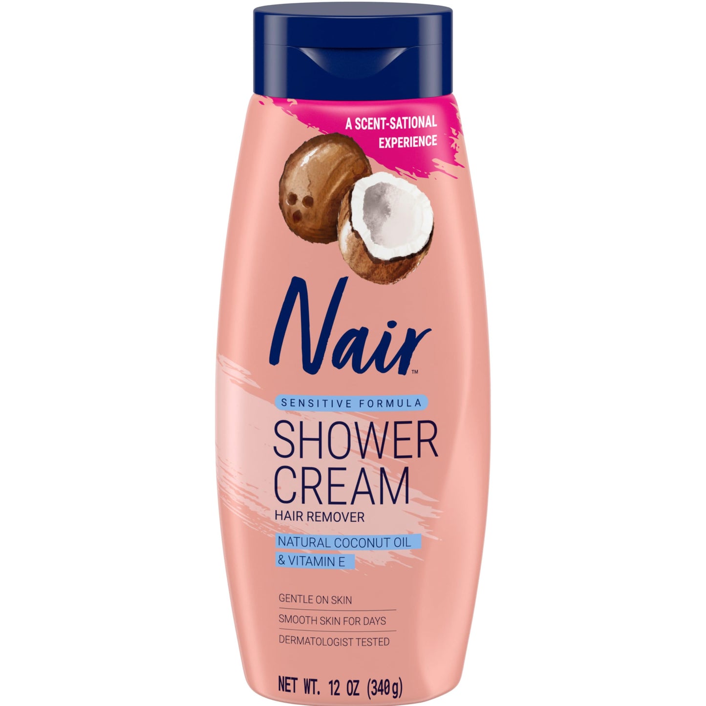 Nair Sensitive Formula Shower Cream, Quick and Easy Hair Removal Cream with Coconut Oil and Vitamin E for Body, 12 oz  