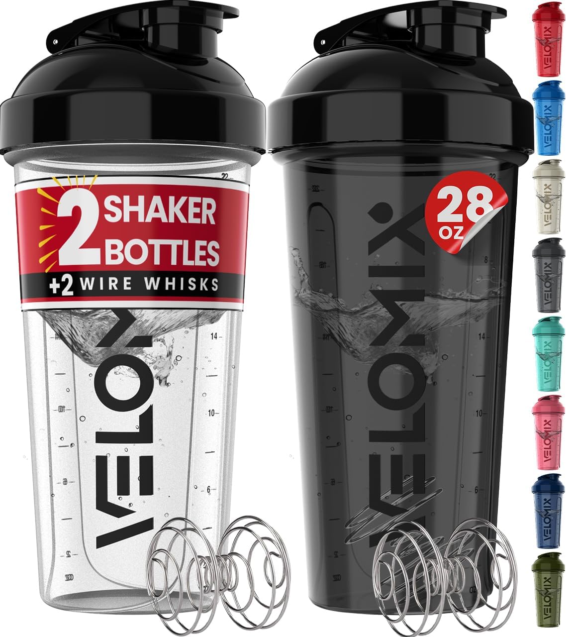 Protein Shaker Bottles - 28 oz Leak Proof Shaker Cups with 2 Wire Whisks | 2-Pack (Black/Transparent)
