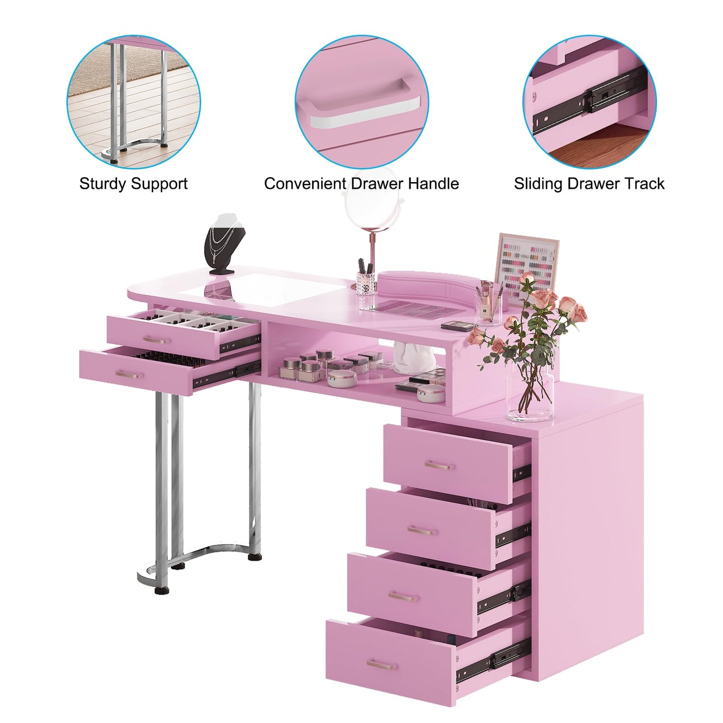 TABU Professional Manicure Table, Large Nail Table for Nail Tech with Pull-Out Drawers& Opening Storage Cabinets, Nail Workstation with Dust Collector, Wrist Cushion, Pink