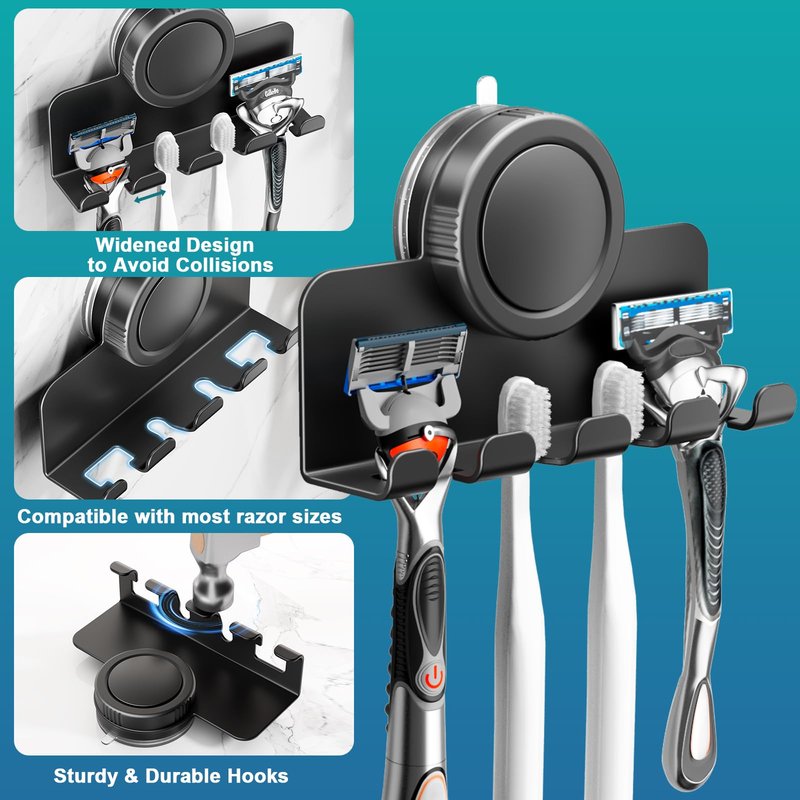 RIVAMBER Suction Cup Hooks, Razor Holder for Shower, Matte Black Shaver Holder Waterproof No Drill Adhesive Hanger for Hanging Loofah Towel Toothbrush Bathroom Kitchen Tiles Glasses