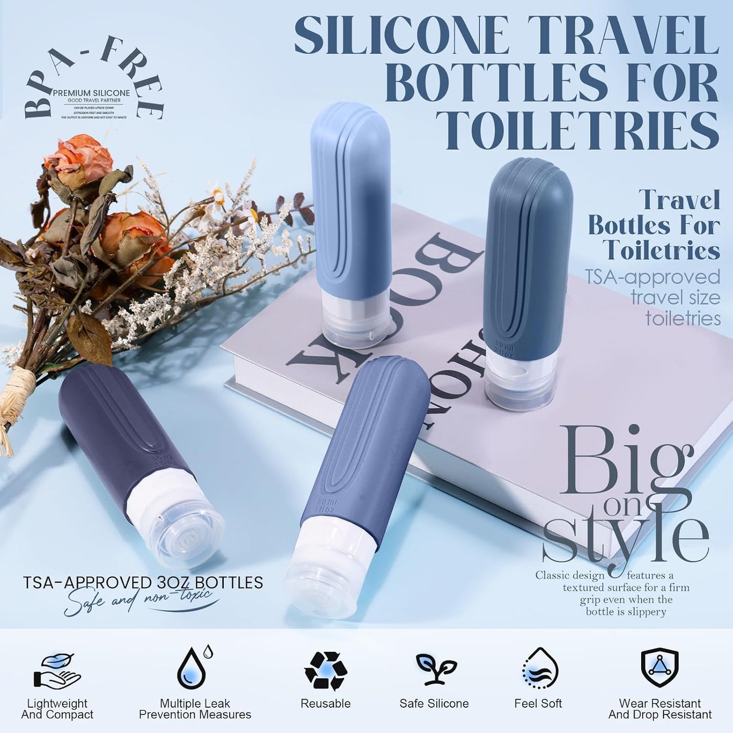 Travel Bottles for Toiletries - 3oz Silicone Leak-Proof Containers | TSA Approved, Squeezable Essentials (Blue)