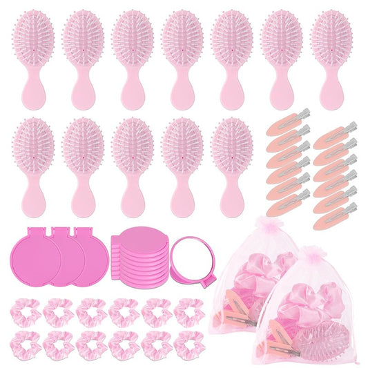 YPJXBEST 60 Pcs Makeup Party Favors, Including Hair Brushes, Elastic Scrunchies, Pocket Cosmetic Mirrors, And Organza Bags, Hair Clips Accessories(pink)